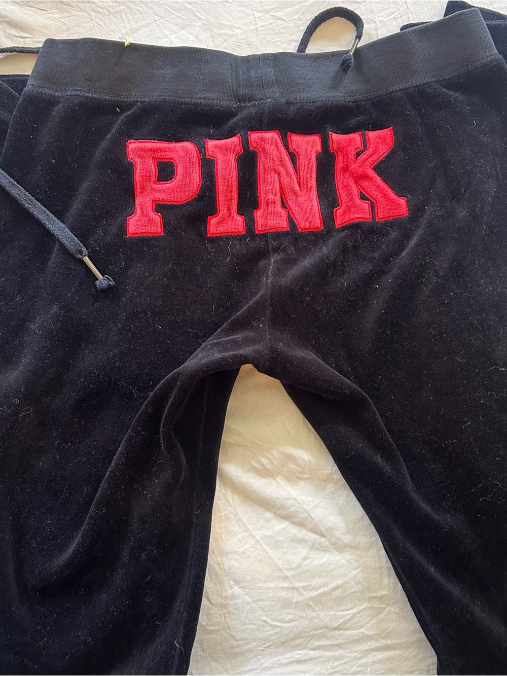 Y2K PINK Victoria's Secret womens Black Velour Jogger Pants with Red Logo